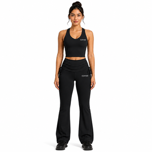 Custom Logo Women Yoga Set Racerback Sports Bra Ruched Drawstring <b>Flare</b> <b>Leggings</b> 2 Piece Fitness Activewear <b>Gym</b> Tracksuit Outfit - Product Image 1