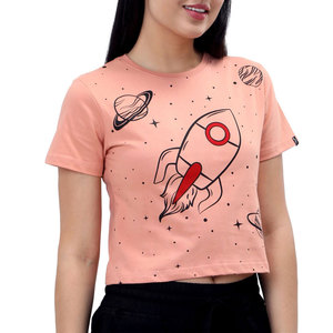 Women's Pink Crop <b>Top</b> Crew Neck Short Sleeve Printed Rocket Space Design Casual Spring Summer Wear - Product Image 1