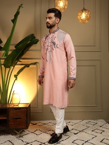 Ensemble Kurta Pyjama en Soie Rose pour Homme, Coupe Classique, Style Traditionnel Indien et Pakistanais, Longueur Genou, Idéal pour Mariage - Product Image 4