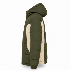 Premium Outdoor Puffer <b>Jacket</b> Cold Weather Padded Hood Contrast Construction Custom Badge OEM Zipper Pockets Elastic Wrist Cuffs - Product Image 2