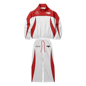 Custom Brand <b>Windbreaker</b> Set <b>Red</b> White Color Blocking Full Zip Sporty Design Quick Dry Polyester Adult Unisex Tracksuit - Product Image 1