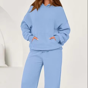 Conjuntos de chándal de dos piezas para mujer, hechos a medida por OEM, de algodón 100% sólido, para invierno/otoño, con sudaderas extragrandes y pantalones de pierna ancha, conjuntos a juego para estar en casa. - Product Image 1