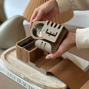Brûleur d'encens en bois unique avec cadre incurvé beige, coupelle en métal, trous d'aération et calligraphie arabe pour la maison - Product Image 3