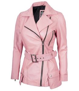 Veste de motard asymétrique en cuir véritable rose pour femme, coupe-vent, éco-responsable, col mandarin, fermeture éclair, fabriquée sur mesure - Product Image 4