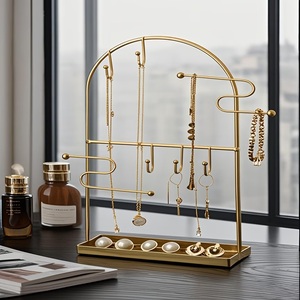 <b>Arched</b> <b>Frame</b> Jewelry Organizer With Multi Hook Bars Ring Tray Anti Tangle Necklace Holder Stable Base Elegant Vanity Display - Product Image 4