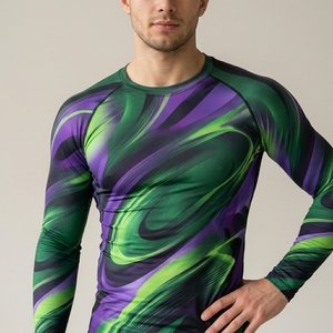 Maglia a Compressione da Uomo a Maniche Lunghe con Collo Tondo, Motivo Verde e <span class=keywords><strong>Viola</strong></span>, in Maglia a Rapida Asciugatura, Sportiva, Slim Fit, in Poliestere - Product Image 2