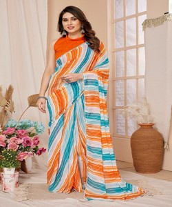 Stylish <b>Orange</b> Blue White Striped One Minute Saree With Blouse For Women Casual Wear India Pakistan Traditional Design - Product Image 1