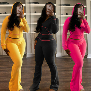 Conjunto de Sudadera con Capucha de Manga Larga y Pantalones Acampanados de Cintura Alta con Diseño de Waffle y Patchwork para Otoño 2026 - Ropa de Descanso y Chándal para Mujer - Product Image 2