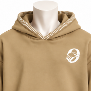 Khaki Stitched Border Distressed Pullover <b>Hoodie</b> <b>Oversized</b> Sweatshirt Contrast <b>Stitch</b> Kangaroo Pocket Casual Streetwear Wear - Product Image 3