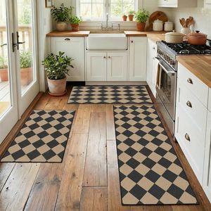 Set di 3 Tappeti da Cucina Neri a Scacchiera Antiscivolo e Lavabili Stile Rustico con Motivo Uva e Vino - Product Image 2