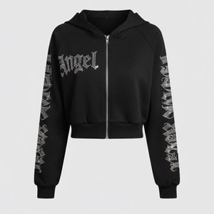 Custom Rhinestone Zipper-Up Logo Fleece Oversized Fit Heavy 100% Cotton Acid Wash <b>Sun</b> Faded Winter Unisex Sweatshirt Streetwear - Product Image 1