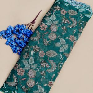 Deep <b>Emerald</b> Green Georgette Fabric High-Definition Threadwork Floral Vine Pattern Luxury Medium Weight Printed Silk for Wedding - Product Image 1