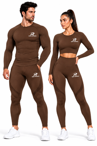 Ensemble haut court côtelé marron respirant sans coutures et leggings taille haute pour le fitness et le yoga - Product Image 5