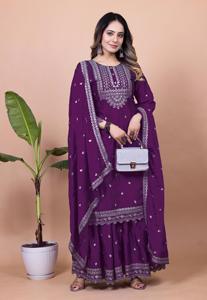 Beautiful Chinon Silk <b>Sequin</b> Frock Style Kurti <b>Flared</b> Sharara Long Embroidered Stole Combo Three Piece Indian Outfit - Product Image 4