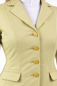 Veste d'équitation pour femme, couleur crème, pour concours d'équitation, avec boutons dorés scintillants, coupe ajustée et manches longues. - Product Image 2