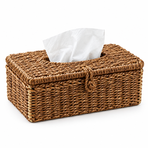Boîte à mouchoirs rectangulaire personnalisable en jonc de mer écologique de style bohème avec couvercle à charnière et fermeture à boucle tressée pour la maison, le bureau et la vente en gros - Product Image 1