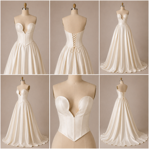 Robe de mariée élégante et moderne en satin, coupe trapèze, sans bretelles, dos lacé, avec poches |   Robe de mariée ivoire naturelle longueur cheville sur mesure - Product Image 2