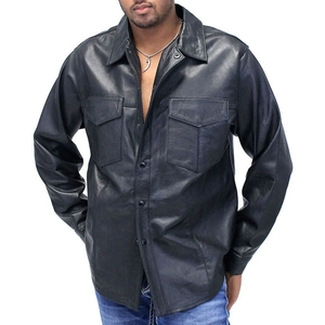 Men's Black Leather Long Sleeve <b>Button</b> Down <b>Shirt</b> leather Solid Color Turn-down Collar Full Sleeve Autumn Wear - Product Image 3