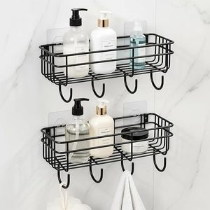 Double Tier Metal Wall Mounted Storage Basket With <b>Hooks</b> Self <b>Adhesive</b> Bathroom Organizer Minimalist Design - Product Image 1