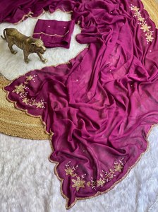 Sari Festivo de Dos Tonos con Trabajo Cutdana, Sari de Seda Crush de Lujo para Bodas, Sari de Seda Crush con Borde Triple Arco - Product Image 4