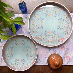 Round Pastel Bohemian Enamel Serving Tray <b>Set</b> with Wooden Frame Decorative Tea & <b>Breakfast</b> Tray for Home Decor - Product Image 4