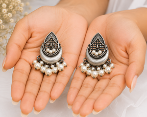 MOQ Available Oxidized <b>Silver</b>-Plated Pear Shape Bezel Set <b>Stud</b> <b>Earrings</b> Traditional Boho Fashion Jewelry for Women Party Gift - Product Image 3