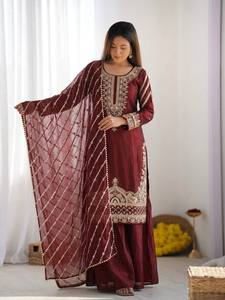 Luxury Pure Fendy Silk Embroidered Kurti Sharara Set with Beads Work & Designer Dupatta | Premium Festive Ethnic Wear - Product Image 3