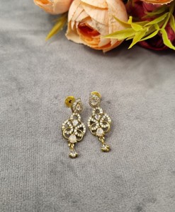 Artistic Curved Link Necklace Antique <b>Gold</b> Plated AD Jewelry <b>Set</b> With Pear Drop Motif & Dangle Earrings For Festivals Party Wear - Product Image 4