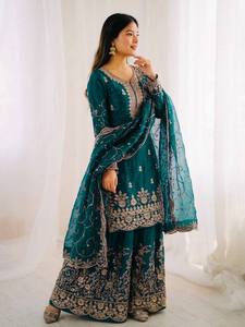 Embellished <b>Green</b> Salwar Kameez Set Sequined Embroidered Indian Pakistani Outfit for Wedding Party Women - Product Image 2