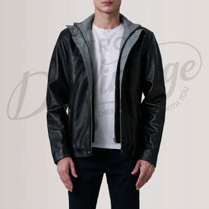 Chaqueta Premium para Hombre de Cuero Genuino Negro con Capucha Desmontable Gris, Ajuste Delgado, Estilo Casual Moto Bomber - Product Image 6