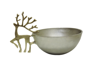 Bol en aluminium argenté avec poignée en forme de cerf doré – Centre de table élégant avec accent cerf-renne et plateau décoratif pour les fêtes - Product Image 1