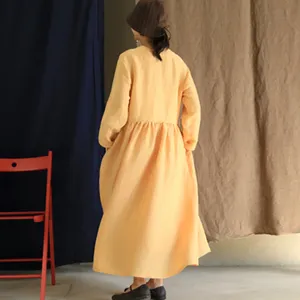 Robe longue en coton et lin pour femmes, col en V, manches longues, coupe ample, jaune, style bohème, robe longue décontractée - Product Image 3