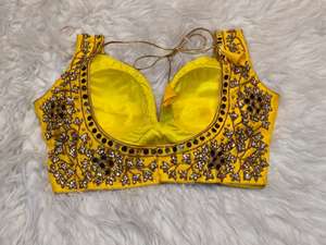 Women's Yellow Bridal <b>Crop</b> <b>Top</b> Designer Blouse Satin Sweetheart Collar 100% <b>Silk</b> Anti-Wrinkle Woven Winter Wedding - Product Image 2