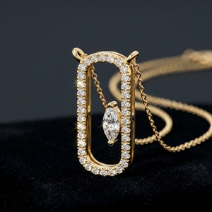 10K 14K 18K Yellow Gold Geometric Paperclip Pendant <b>Necklace</b> Round Cut Halo and Floating Marquise Cut Lab Grown Diamond <b>Necklace</b> - Product Image 3