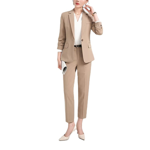 Women's Beige Formal <b>Suit</b> Set Solid Color Notched Lapel Blazer Full Length Pants Anti-Wrinkle Polyester Autumn Wear - Product Image 2