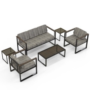 Ensemble de salon de jardin moderne et écologique avec canapé, chaises rembourrées à structure métallique, table basse en fer et deux tables d'appoint en métal pour patio - Product Image 1