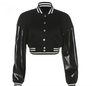 <b>Black</b> Cropped Varsity <b>Jacket</b> <b>Women</b> Full Sleeve Turn-down Collar PU Leather Contrast Trim Autumn Streetwear - Product Image 1
