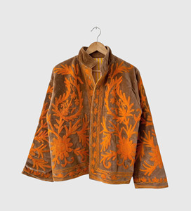 Veste en velours à col mandarin brodée à la main avec des motifs floraux, manches longues, taille plus, style blouson, vêtement d'automne pour femmes adultes - Product Image 3