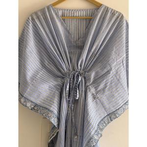 Elegante Vestido Kaftán de Algodón con Estampado a Mano de Rayas Azules, Cintura Ajustable, Vestido Bohemio Casual de Verano para Mujer - Product Image 5