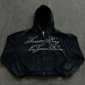 Sudadera con capucha negra vintage personalizada para hombre con estampado gráfico frontal y trasero, estilo urbano extragrande y de tela gruesa. - Product Image 1