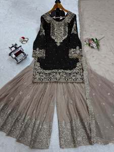Conjunto de Moda: Top, Sharara y Dupatta con Bordado de Lentejuelas en Georgette, Color Negro 73030 - Product Image 5