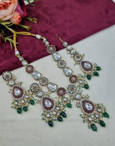 Designer Meenakari Flower Motif <b>Necklace</b> Set With Matching Earring & Mangtika Heavy Kundan <b>Necklace</b> Set Ethnic Wear Manufacturer - Product Image 1