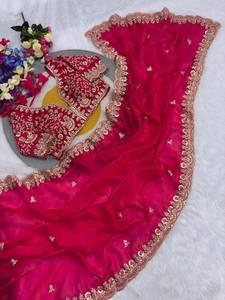 Sari en Georgette Bourgogne Brodé avec Bordure en Paillettes, Jari et Dori – Robe Traditionnelle Indienne pour Mariage et Fêtes - Product Image 2