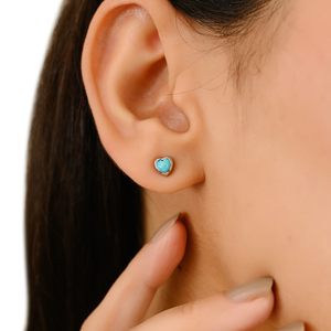 14K Gold Bezel Set <b>Turquoise</b> Heart <b>Stud</b> <b>Earrings</b> Trendy Vintage Gift for Daughter - Product Image 3