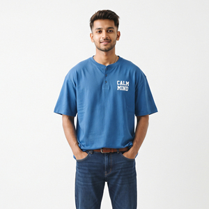 T-shirt imprimé Henley pour homme, décontracté, 100% coton, coupe ample, épaules tombantes, boutons, léger, 230 GSM - Product Image 1