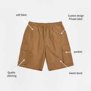 2026 Summer Casual Men's Elastic Basic Solid Breathable Drawstring 100% Cotton Knee Length Washed Cargo Shorts - Product Image 6