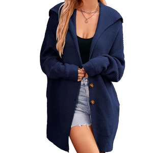 Luxury Class Women's <b>Navy</b> <b>Blue</b> Knitted Hooded <b>Cardigan</b> Long Sleeve Solid Color Button Front Casual Autumn Wear - Product Image 6