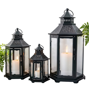 <b>Set</b> Of 2 Vintage Metal Hanging <b>Lanterns</b> Black With Gold Brush Accents Glass Candle Holders For Indoor Outdoor Home Garden Decor - Product Image 6