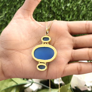 High quality triple stone blue chalcedony big size pendant <b>necklace</b> <b>solid</b> brass 18k gold plated handmade cable chain <b>necklace</b> - Product Image 6