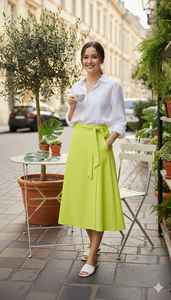 Falda cruzada acampanada de cintura alta para mujer-Falda MIDI de algodón verde lima sólido con lazo lateral Vestidos casuales de verano para uso diario - Product Image 4